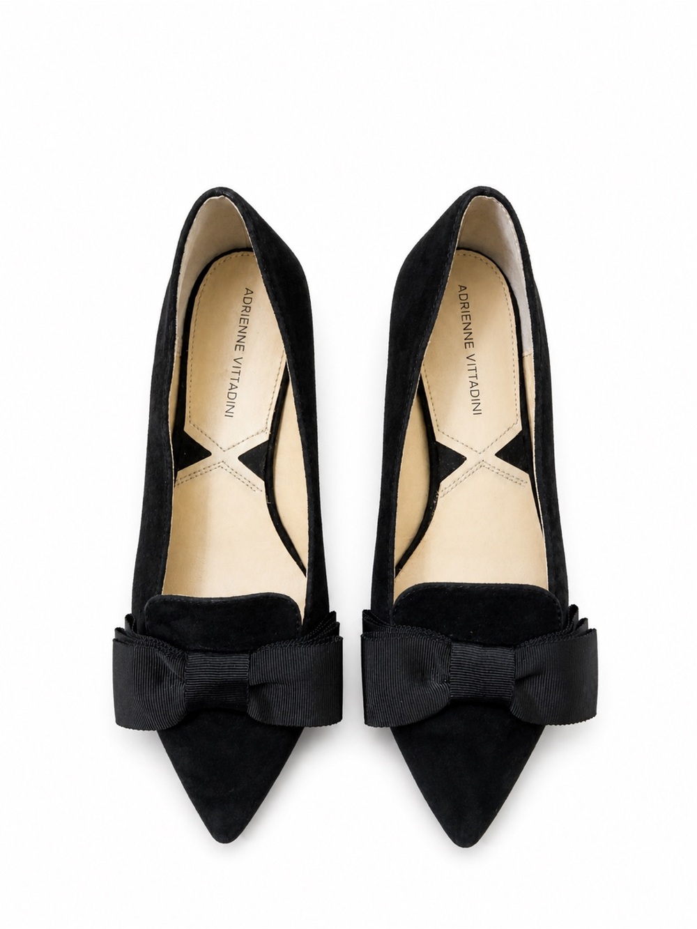 Adrienne Vittadini Black Suede Bow Flats Pointed Toe Feminine Chic